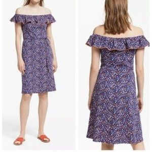 Boden Dress Off Shoulder Bethany Bardot Ruffle  Jersey Tie Waist blue red size 8